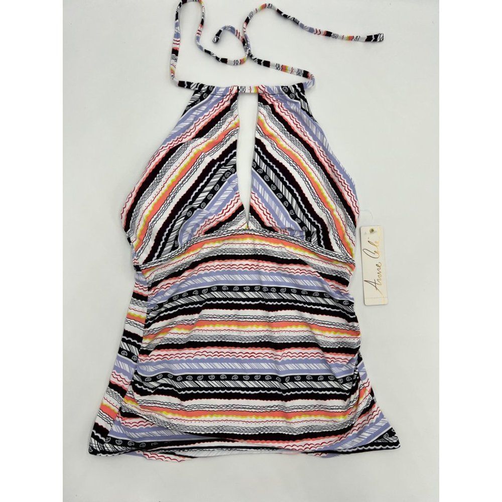 Anne Cole Striped Deep V Cutout Halter Neck Tankini Swim Top Multicolor Size M N